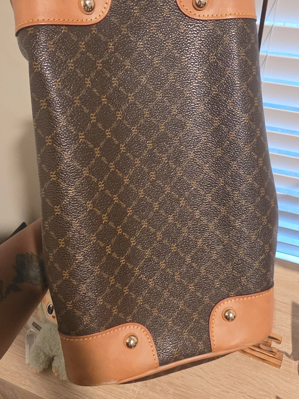 RIONI Brown Monogram Satchel Handbag with Tan Trim